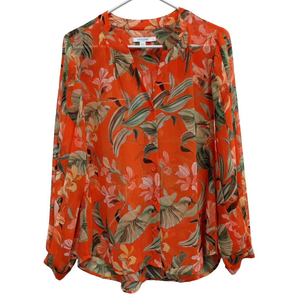 Chicos Womens Boho Top Size 8 Orange Green Floral Chiffon Long Sleeve Button Up